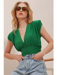 Trend Alaçatı Stili Women's Green Deep V-neck Sandy Blouse with Padded Shoulder Gathering Front