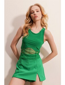 Trend Alaçatı Stili Women's Green Crew Neck Tulle Detail Sandy Crop Blouse
