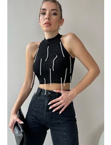 Trend Alaçatı Stili Women's Black Stand-Up Collar Pearl Embroidered Halter Crop Knitwear Blouse