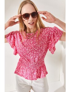 Olalook Women's Floral Pink Bat Blouse with Elastic Waist Frilly Sleeve