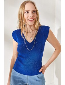Olalook Women's Saxe Blue Shoulder And Skirt Detailed Front Back V Knitwear Blouse