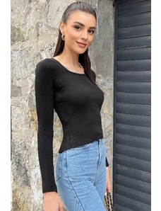 Trend Alaçatı Stili Women's Black U-Neck Corduroy Crop Knitwear Knitted Blouse