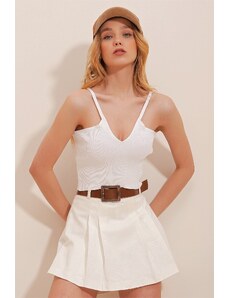 Trend Alaçatı Stili Women's White V-Neck Straps Crop Knitwear Knitted Blouse