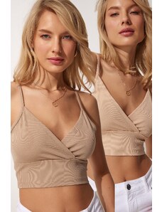 Happiness İstanbul Women's Mink Biscuit Strap Crop Knitted 2 Pack Bustier