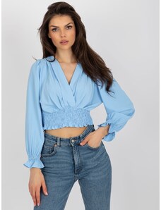 ITALY MODA SVĚTLE MODRÁ CROP TOP HALENKA S ELASTICKÝM ŘASENÍM -LIGHT BLUE