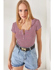 Olalook Women's Striped Claret Red Camisole Blouse with Snap