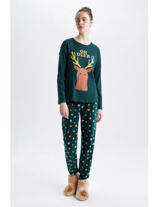 DEFACTO Fall In Love Regular Fit Christmas Themed Crew Neck Printed Pajamas Set