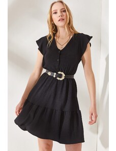 Olalook Women's Black Mini Dress with Frilled Buttons and Elastic Waist