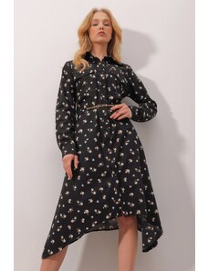 Trend Alaçatı Stili Women's Black Double Pocket Flower Patterned Chain Belt Poplin Shirt Dress