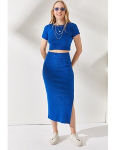 Olalook Women's Sax-Blue Short Sleeves Slit and Skirt Lycra Suit
