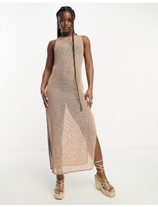 SNDYS crochet side split maxi dress in beige-Neutral