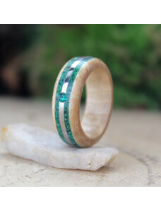 Woodlife Březový prsten s malachitem, ocelí a swarovski