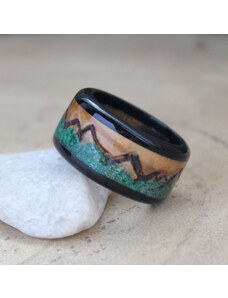 Woodlife Prsten z olivy, ebenu a malachitu