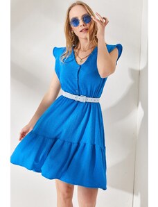 Olalook Dámské modré nabírané nabírané rukávy s elastickým pasem mini šaty