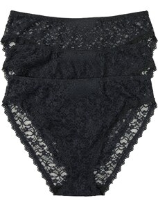 bonprix Vykrojené vysoké kalhotky (3 ks v balení) s krajkou Černá