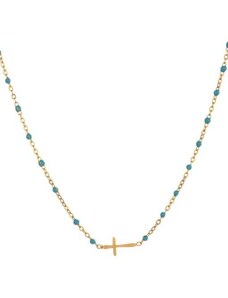 ORNAMENTI Pozlacený náhrdelník Cross Blue Beads gold