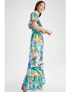 DEFACTO Maxi šaty s krátkým rukávem s volánky s květinovým potiskem