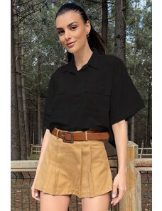 Trend Alaçatı Stili Women's Black Double Pocket Half Sleeve Linen Shirt