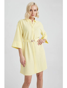 DEFACTO Shirt Collar Linen Blend Mini Long Sleeve Dress