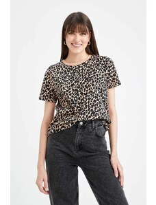 DEFACTO Regular Fit Crew Neck Leopard Patterned Short Sleeve T-Shirt