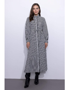 DEFACTO Shirt Collar Striped and Belted Long Sleeve Poplin Maxi Dress