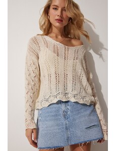 Happiness İstanbul Women's Cream V Neck Openwork Knitwear Blouse