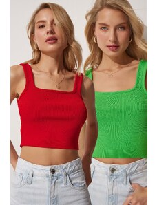 Happiness İstanbul Women's Red Green 2 Pieces Summer Tricot Crop Blouse