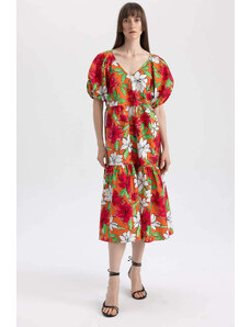 DEFACTO V-Neck Floral Poplin Raglan Sleeve Midi Short Sleeve Dress