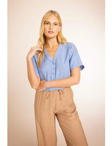 DEFACTO Traditional V Neck Loose Fit Short Sleeve Blouse