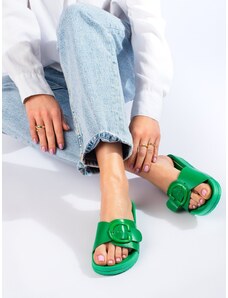 Green slippers with Shelvt buckle