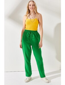 Olalook Dámské trávově zelené elastické mušelínové kalhoty s páskem v pase