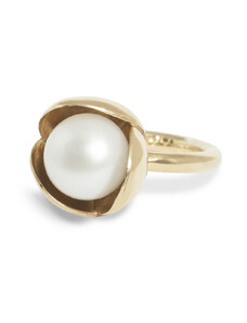 Klára Bílá Jewellery Dámský zlatý prsten s květem a perlou Bowpearls úzký 41 (13,0mm), Zlato 585/1000, Barva perly: Bílá