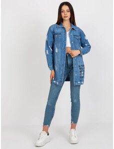 Fashionhunters Modrá dlouhá džínová bunda s potiskem
