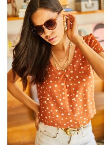 Olalook Women's Cinnamon V-Neck Polka Dot Woven Blouse