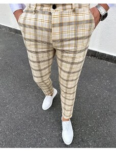 Fashionformen Elegantní pánské kárované kalhoty béžové DJP79