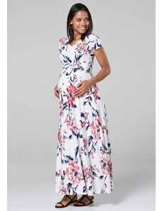 Happy Mama Dlouhé těhotenské a kojící šaty 3v1 Shine bílé s růžovými květy