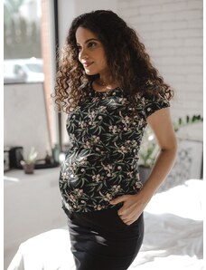 Těhotenské a kojící tričko 3v1 Love černé květinové bavlněné