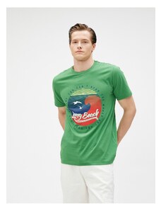 Koton Slogan Printed T-Shirt with a Summer Theme, Crew Neck Short Sleeves, Slim Fit.