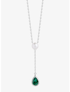 Stříbrný náhrdelník Pure Pearl s říční perlou a kubickou zirkonií Preciosa, emerald