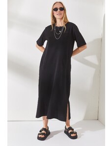 Olalook Dámské černé bavlněné šaty s bočním rozparkem
