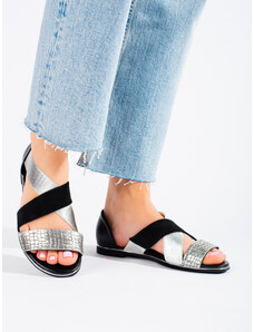 Shelvt women's flat sandals black-silver