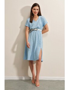 Bigdart 2378 V-Neck Knitted Dress with Slits - Blue