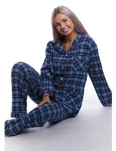 Naspani Modré kárované elegantní teplé flanelové pyžamo dámské 1DF0021