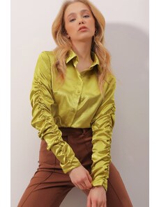Trend Alaçatı Stili Women's Oil Green Satin Shirt with Shirred Sleeves