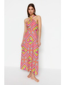 Trendyol tropické vzorované maxi tkané plážové šaty ze 100% bavlny