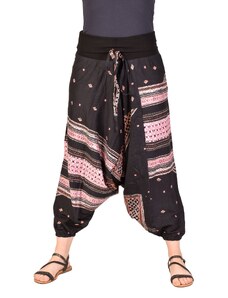 Turecké kalhoty, černé s růžovým potiskem, v pase úplet FREE , Černá , Nepál , 100% bavlna úplet