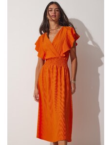Happiness İstanbul Dámské oranžové volánové pletené šaty s texturou