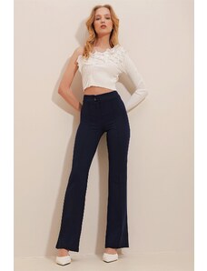 Trend Alaçatı Stili Women's Navy Blue High Waist Front Wide Leg Lycra Trousers