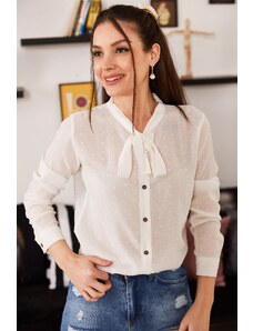 armonika Women's White Collar Tie-Up Patterned Shirt
