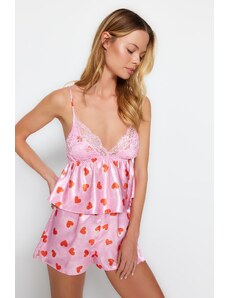 Trendyol Pink-Multicolor Satin Heart Lace Detailed Undershirt-Shorts Woven Pajamas Set